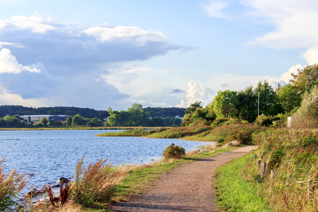 Wandbild: Malerischer Spazierweg in Kopperby an der Schlei | Dieses Wandbild im Querformat zeigt einen malerischen Spazierweg direkt an der Schlei in Kopperby. Am blauen Himmel befinden sich schöne Wolken.  - Realisiert mit Pictrs.com