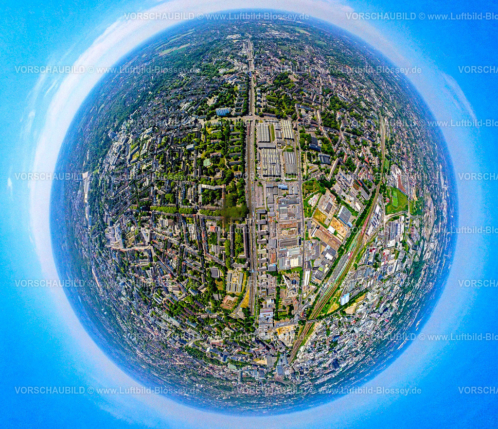 Essen250590024ETEC_A40 | Luftbild, ETEC Essener Technologie- und Entwicklungs-Centrum GmbH, Kruppstraße an der Autobahn A40,  Erdkugel, Fisheye Aufnahme, Fischaugen Aufnahme, 360 Grad Aufnahme, tiny world, little planet, fisheye Bild, Holsterhausen, Essen, Ruhrgebiet, Nordrhein-Westfalen, Deutschland