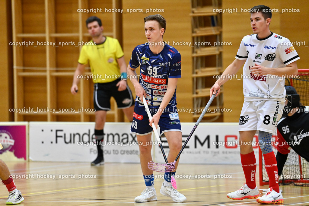 VSV Unihockey vs. KAC Floorball | #59 Nino Forelli VSV Unihockey, #8 Alexander Apold KAC Floorball, VSV Unihockey vs. KAC Floorball, VSV Unihockey vs. KAC Floorball am 28.03.2026 in Villach (Ballspielhalle St. Martin), Austria, (Photo by Bernd Stefan)