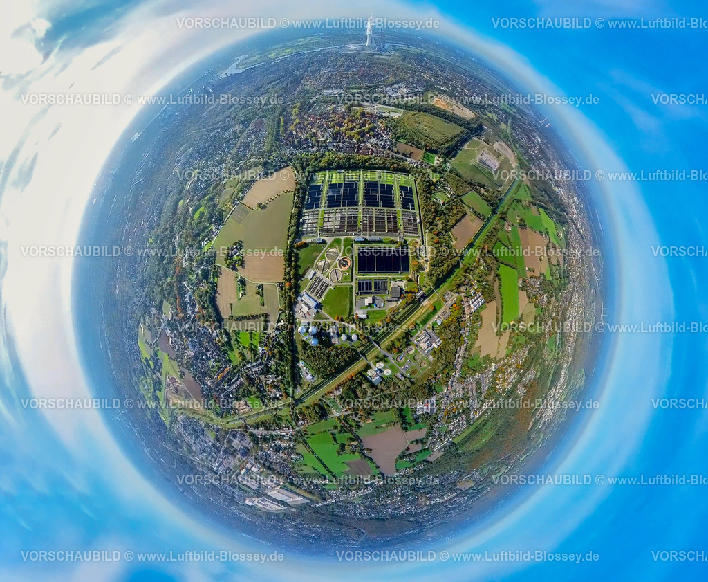 Oberhausen20221006_1EmscherKlaerwerk-2 | Luftbild, Klärwerk Emschermündung, Fisheye Aufnahme, Fischaugen Aufnahme, 360 Grad Aufnahme, Wehofen, Duisburg, Fisheyeaufnahme, Ruhrgebiet, Nordrhein-Westfalen, Deutschland