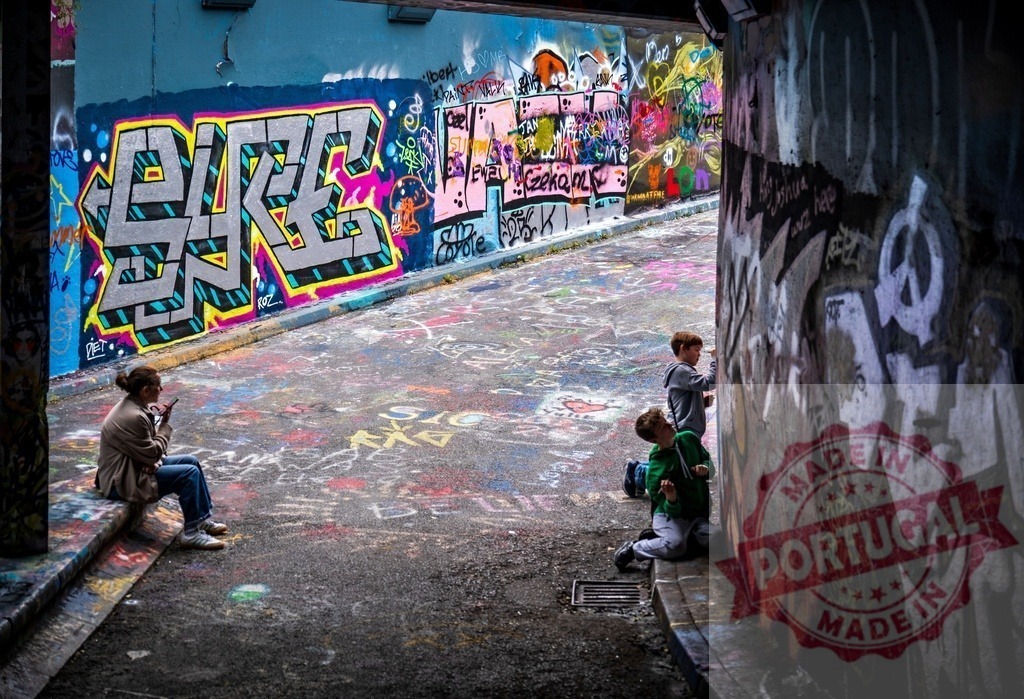 People interacting with street art in urban alley | Woman and children engaging with colorful graffiti and chalk drawings in a city alleyway - Realized with Pictrs.com