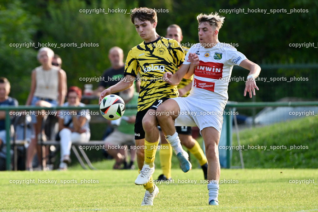 FC Faakersee vs. Rapid Lienz  | #7 Felix Michael Bachlechner FC Faakersee, #16 Sandro Unterreiner Rapid Lienz, FC Faakersee vs. Rapid Lienz , FC Faakersee vs. Rapid Lienz  am 04.08.2024 in Faakersee (Sportplatz Faakersee), Austria, (Photo by Bernd Stefan)