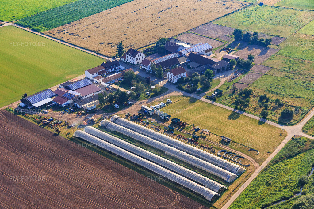 Luftbild: Spargel- und Erdbeerhof Hartenauer Hof und in Bickenbach im Bundesland Hessen in Deutschland. – Foto: IMG_091403.jpg vom 07.07.2016 durch Werner Riehm/FLY-FOTO.de – Auflösung des Originals: 5472 x 3648 px – XN--SPARGELHOF-SCHTTLER-JBC.DE
