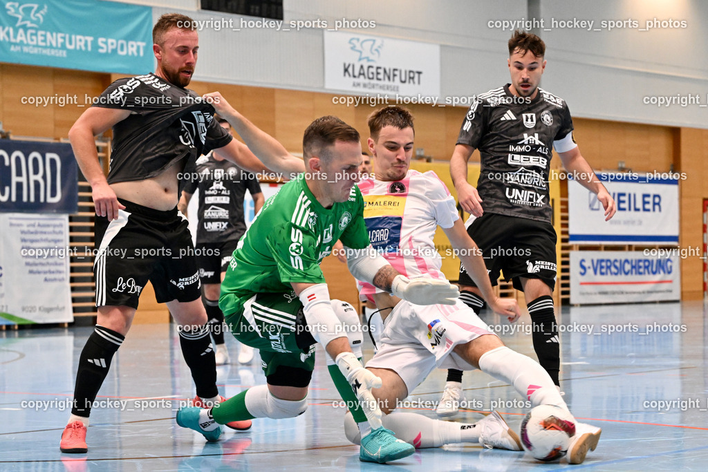 Carinthia Flamengo Futsal Club vs. FC Ljuti Krajisnici | #24 Dominik Hemmelmayer FC Ljuti Krajisnici, #77 Seid Suljkanovic FC Ljuti Krajisnici, #2 Faris Buljubasic Carinthia Flamengo, #10 Kenan Salo FC Ljuti Krajisnici, Carinthia Flamengo Futsal Club vs. FC Ljuti Krajisnici, Carinthia Flamengo Fusal Club vs. FC Ljuti Krajisnici am 12.10.2025 in Klagenfurt (Ballspielhalle Viktring), Austria, (Photo by Bernd Stefan)