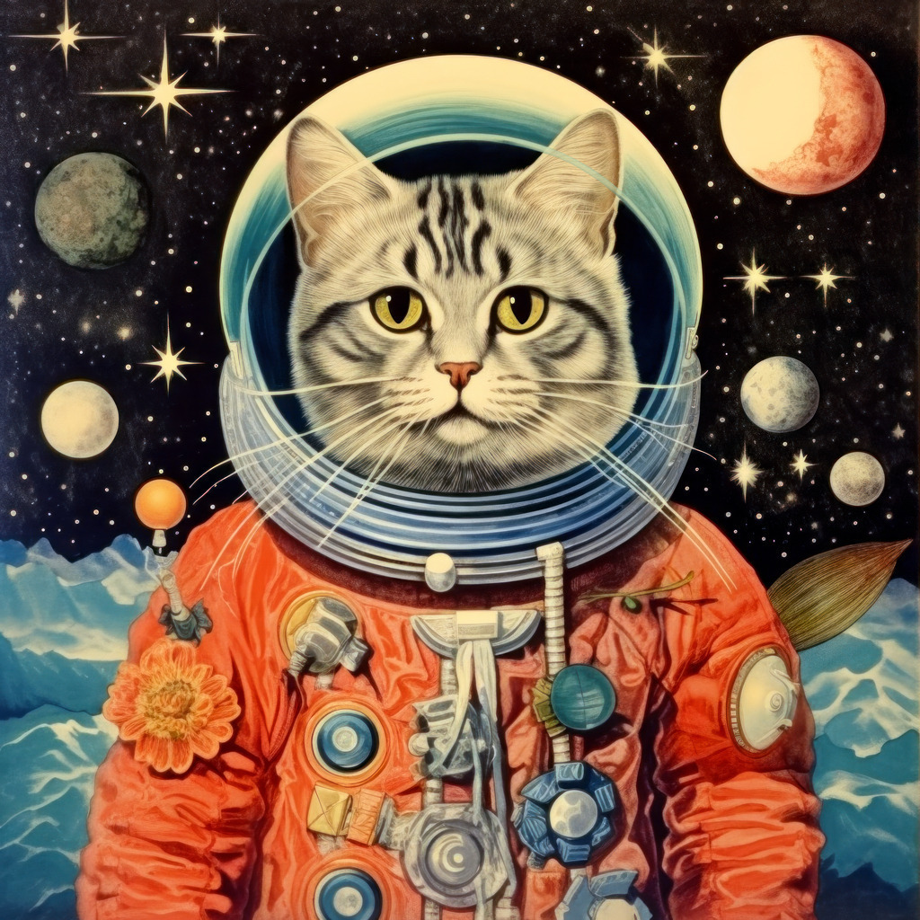 2308067 - Astronautenkatze | Illustratives Motiv einer Katze im Weltraum - ein sehr modernes Motiv im Vintage Stil.