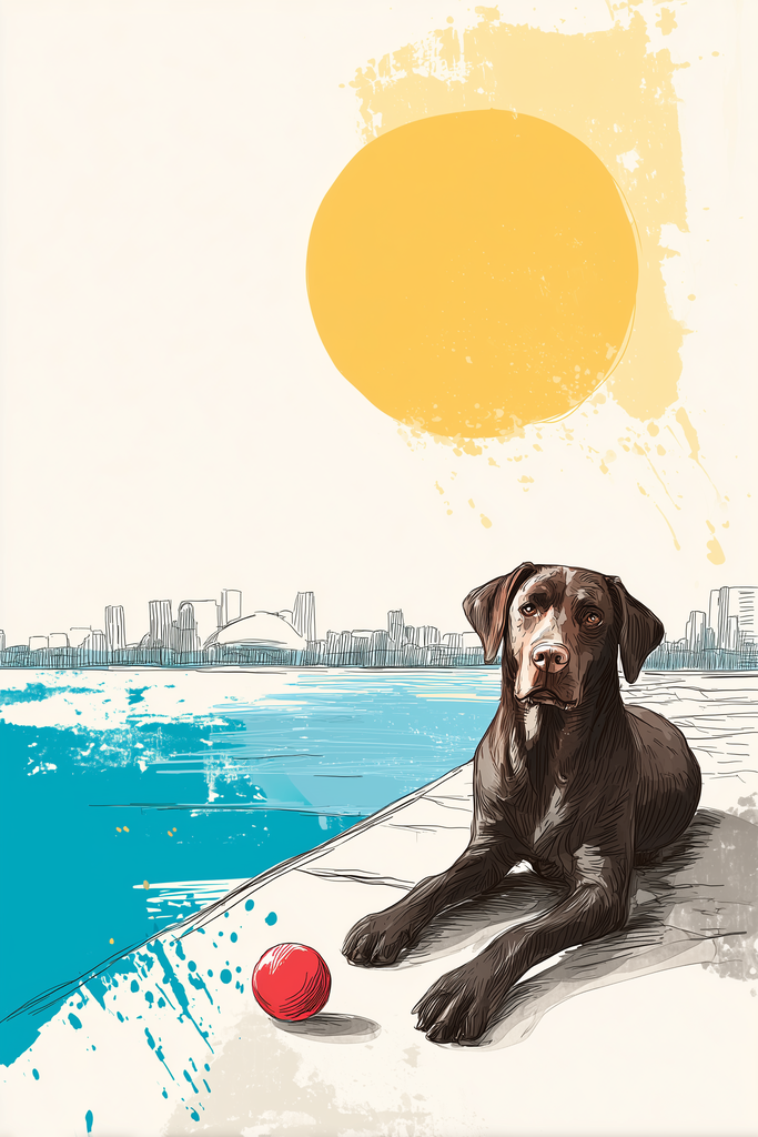 Poster: Urban Labs – Promenaden-Blick – Labrador am Wasser | Minimalistische Waterfront-Illustration mit ruhigem Labrador, viel Weißraum, Teal-Wasser und warmem Gelbkreis. - Realisiert mit Pictrs.com