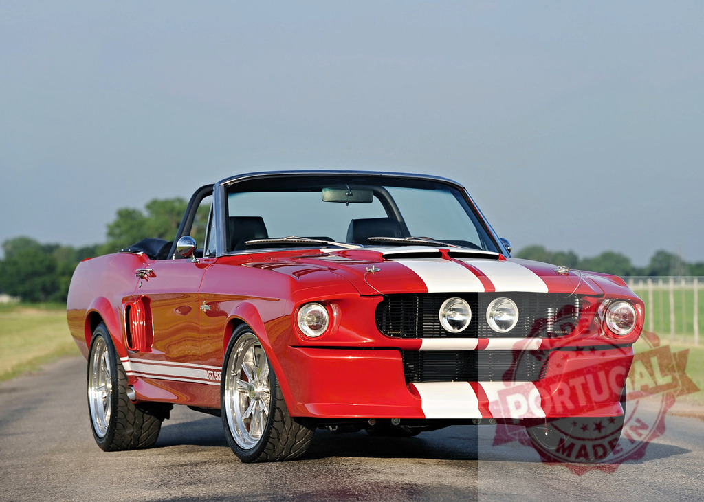 Red Ford Mustang Shelby GT500 convertible parked outdoors | Red Mustang Shelby GT500 convertible with white racing stripes reflecting sunlight - Realized with Pictrs.com