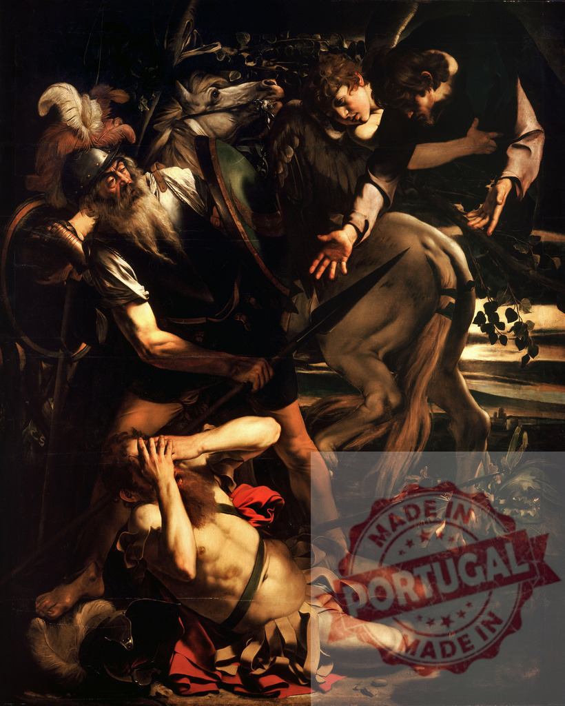 Art by Carravagio Caravaggio The Conversion of Saul painting with soldiers | Saul falling from his horse, experiencing a divine vision and spiritual conversion - Realized with Pictrs.com