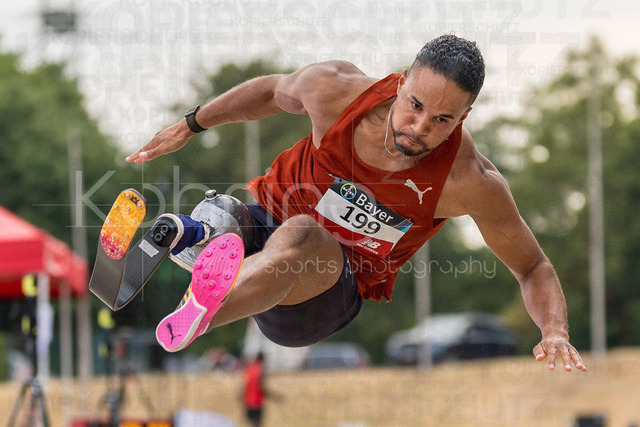 Para Heimspiel 7.0; Leverkusen, 18.07.2026 | LEVERKUSEN, GERMANY - JULY 18, 2026 : Noah Mbuyamba (NED/AV Unitas Sittard) competes in the long jump during the Para Heimspiel 7.0 at Fritz Jacobi Sports Complex on July 18, 2026 in Leverkusen, Germany.