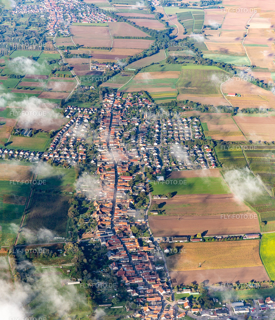 Ortschaft mit Wölkchen von Osten | Luftbild: Ortschaft mit Wölkchen von Osten in Freckenfeld im Bundesland Rheinland-Pfalz in Deutschland. Foto: IMG_143459-Pano.jpg vom 29.09.2024 durch ©2025 Werner Riehm fly-foto.de/copyright - Realisiert mit Pictrs.com