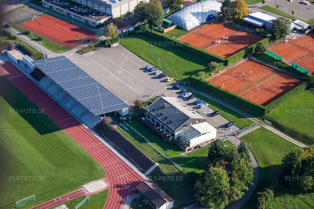 Luftbild: Sportgelände des SV-1899 eV Langensteinbach im Ortsteil Langensteinbach in Karlsbad im Bundesland Baden-Württemberg in Deutschland. Foto: IMG_45284.jpg vom 21.09.2011 durch Werner Riehm/FLY-FOTO.de