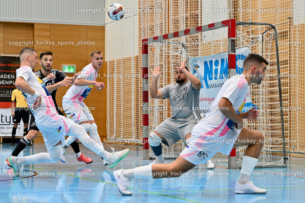 Carinthia Flamengo Futsal Club vs. FC Ljuti Krajisnici | #5 Jernej Kunc Carinthia Flamengo, #24 Zoran Vukovic Carinthia Flamengo, #1 Youssef Helal Carinthia Flamengo, #99 Sifet Lidan Carinthia Flamengo, #18 Nermin Hasanbegovic FC Ljuti Krajisnici, Carinthia Flamengo Futsal Club vs. FC Ljuti Krajisnici, Carinthia Flamengo Fusal Club vs. FC Ljuti Krajisnici am 12.10.2025 in Klagenfurt (Ballspielhalle Viktring), Austria, (Photo by Bernd Stefan)