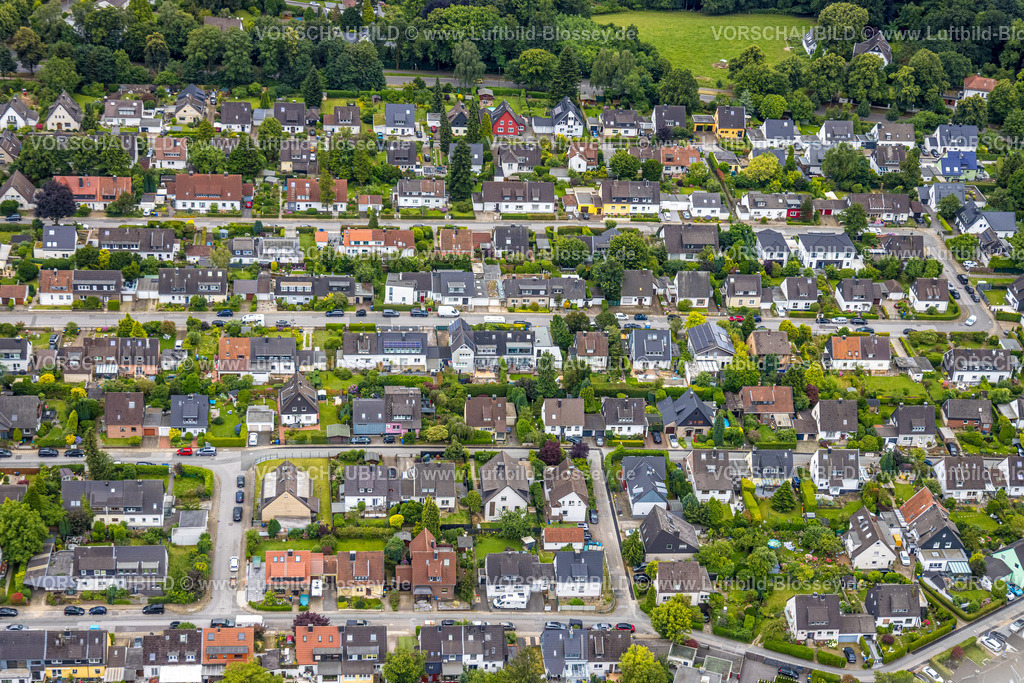 Essen240702461 | Luftbild, Wohngebiet Reihenhäuser Kamperfeld, zwischen An der Ziegelei und Meisenburgstraße, Schuir, Essen, Ruhrgebiet, Nordrhein-Westfalen, Deutschland