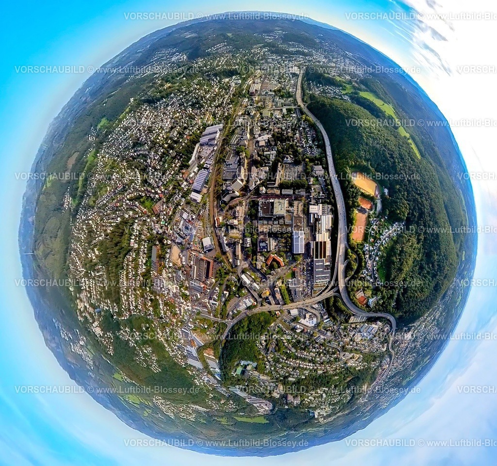 Siegen230990416Weidenau | Luftbild, Ortsansicht Ortsteil Weidenau, Gewerbegebiet Weidenauer Straße, Erdkugel, Fisheye Aufnahme, Fischaugen Aufnahme, 360 Grad Aufnahme, tiny world, Weidenau-West, Siegen, Sauerland, Nordrhein-Westfalen, Deutschland