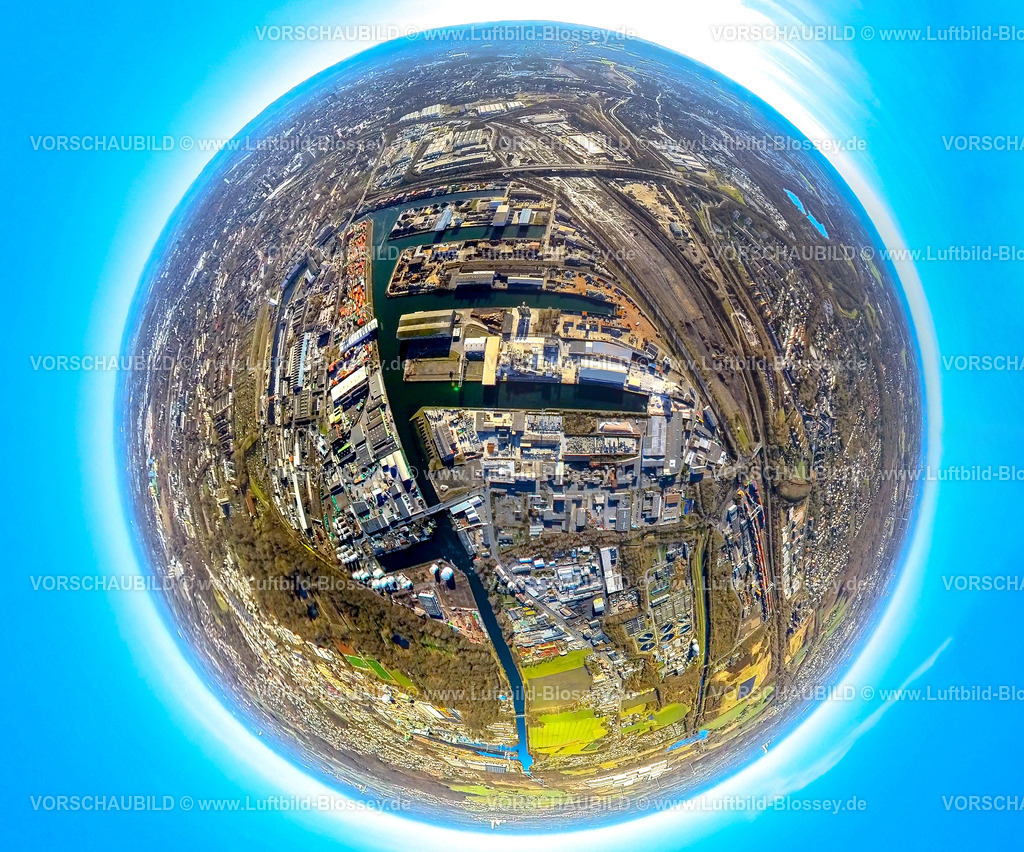 Dortmund240190140Hafen | Luftbild, Hafen Dortmund Übersicht mit Dortmund-Ems-Kanal, Brachfläche Westfaliastraße, Erdkugel, Fisheye Aufnahme, Fischaugen Aufnahme, 360 Grad Aufnahme, tiny world, little planet, fisheye Bild, Hafen, Dortmund, Ruhrgebiet, Nordrhein-Westfalen, Deutschland