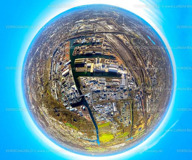 Dortmund240190140Hafen | Luftbild, Hafen Dortmund Übersicht mit Dortmund-Ems-Kanal, Brachfläche Westfaliastraße, Erdkugel, Fisheye Aufnahme, Fischaugen Aufnahme, 360 Grad Aufnahme, tiny world, little planet, fisheye Bild, Hafen, Dortmund, Ruhrgebiet, Nordrhein-Westfalen, Deutschland