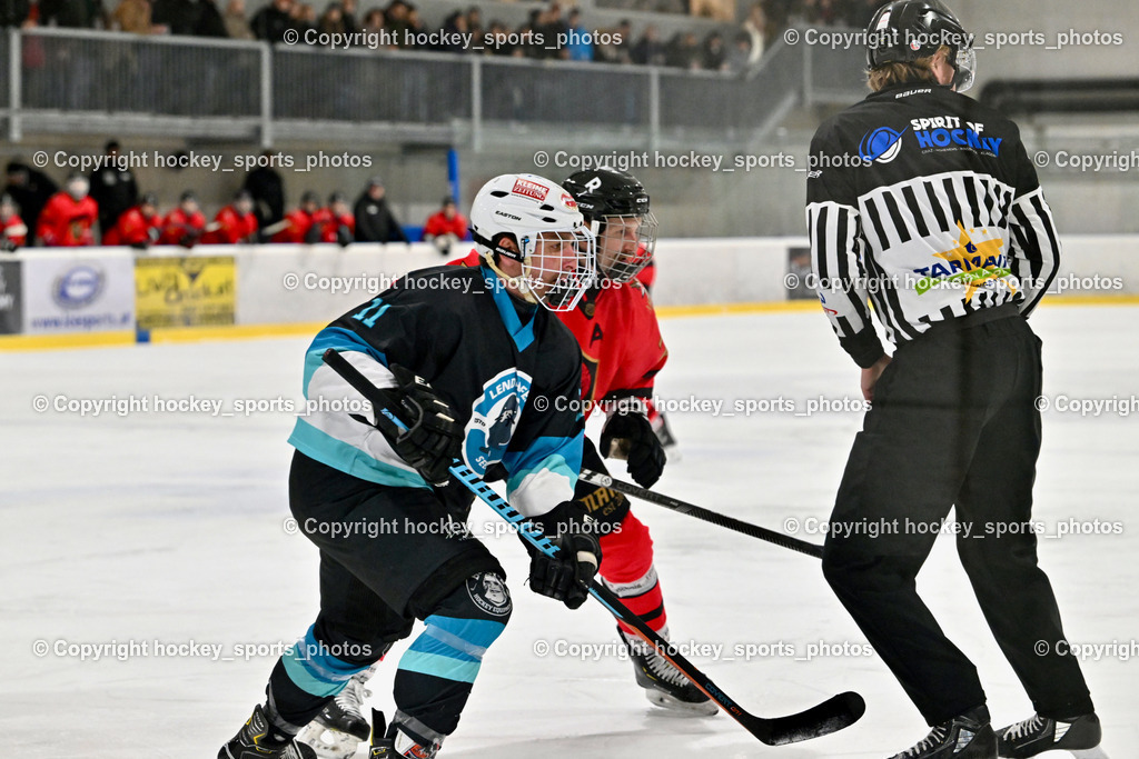 Lendhafen Seelöwen vs. Spartans Althofen | #11 Göhringer Marius Lendhafen Seelöwen, Pirsch Christoph Referee, Lendhafen Seelöwen vs. Spartans Althofen, Lendhafen Seelöwen vs. Spartans Althofen am 14.02.2025 in Ferlach (HTC Eishalle Ferlach), Austria, (Photo by Bernd Stefan)