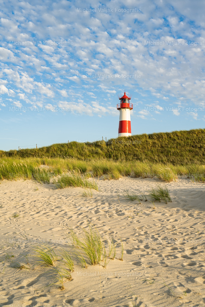 Sommer auf Sylt | Die warmen Sonnenstrahlen der frühen Abendsonne treffen auf die Dünen mit dem Dünengras und den Leuchturm List-Ost am Ellenbogen auf Sylt.  - Realisiert mit Pictrs.com
