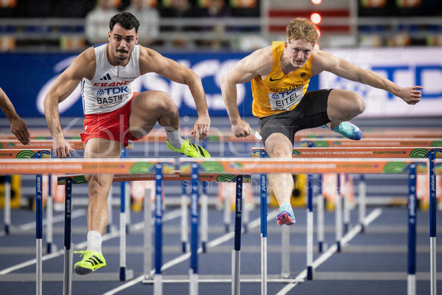 World Athletics Indoor Championships Kujawy Pomorze 26, 21.03.2026 | TORUN, POLAND - MARCH 21:  Teo BASTIEN (FRA), Manuel EITEL (GER) competing in the men's 60m hurdles of the heptathlon during the World Athletics Indoor Championships Kujawy Pomorze 26 on day 2 / session 1 at Kujawsko-Pomorska Arena Torun on March 21, 2026 in Torun, Poland. 