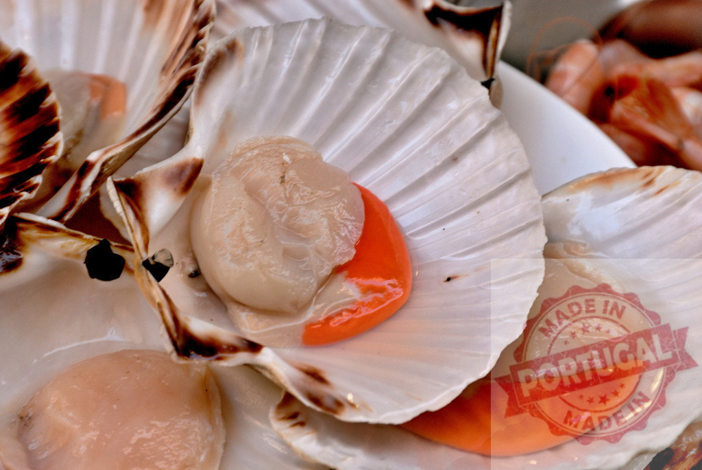 Fresh raw scallops displaying orange roe in shells | Fresh peeled scallops presenting delicate texture and vibrant orange roe in open shells - Realisiert mit Pictrs.com