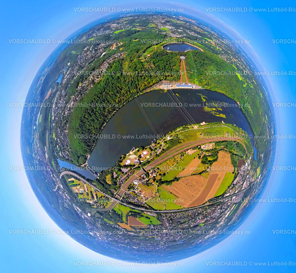 Herdecke250810733Harkortsee | Luftbild, Hengsteysee zwischen den Städten Hagen, Herdecke und Wetter, Salitos Beach Hengsteysee, Bahnlinie Wetter Hagen und Autobahn A1, Koepchenwerk mit Ardeygebirge am See, Erdkugel, Fisheye Aufnahme, Fischaugen Aufnahme, 360 Grad Aufnahme, tiny world, little planet, fisheye Bild, Boele, Hagen, Ruhrgebiet, Nordrhein-Westfalen, Deutschland