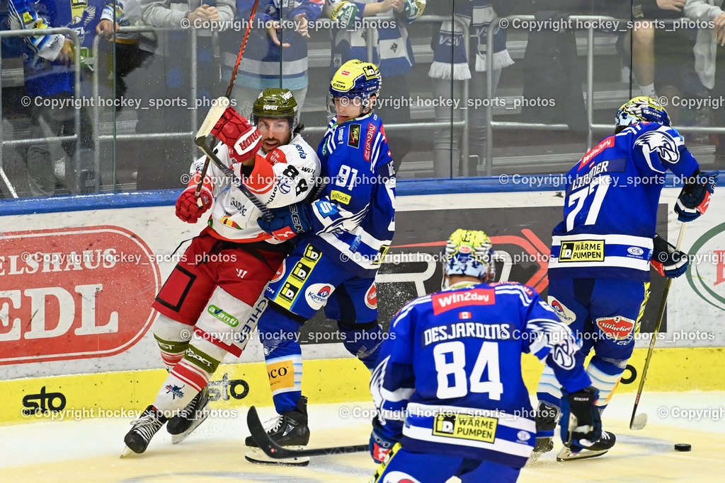 EC IDM Wärmepumpen VSV vs. HC Bozen 19.9.2023 | #88 Alberga Domenico, #91 WETZL Niklas,  #77 LINDNER Philipp, #84 Andrew Desjardins, win2day icehockeyleague, EC IDM Wärmepumpen - HC Bozen  am 19.09.2023 in Villach (Stadhalle Villach), Austria, (Photo by Bernd Stefan)