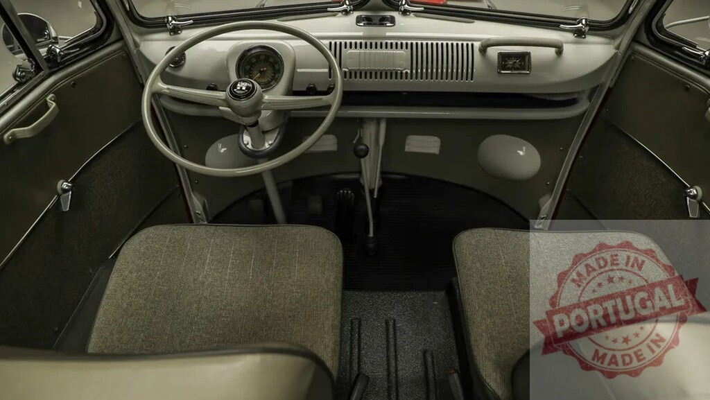 Volkswagen Type 2 microbus vintage interior dashboard | Volkswagen Type 2 microbus front interior, showing the dashboard, steering wheel, and seats - Realisiert mit Pictrs.com
