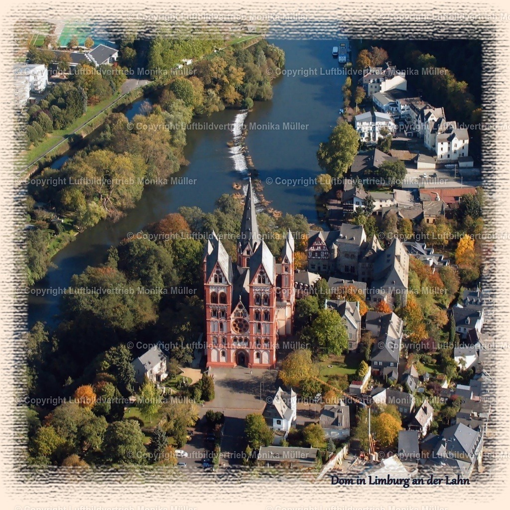 Limburg Dom Luftbild - 30 x 30 mit Rahmen Leinenstruktur | luftbildarchiv-mueller - Realisiert mit Pictrs.com