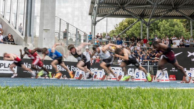 Deutsche Leichtathletik-Meisterschaften; Bochum-Wattenscheid, 25.07.2026 | Start 100m, Impression; Deutsche Leichtathletik-Meisterschaften am 25.07.2026 im Lorheide-Stadion, Bochum-Wattenscheid (Nordrhein-Westfalen).