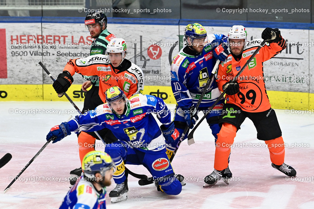 EC IDM WÄRMEPUMPEN VSV vs. MOSER MEDICAL GRAZ99ERS | #10 Thomas Vallant EC VSV, #12 Brett Budgell EC VSV, ZACHERL PATRICK Referee, EC IDM WÄRMEPUMPEN VSV vs. MOSER MEDICAL GRAZ99ERS, EC IDM WÄRMEPUMPEN VSV vs. MOSER MEDICAL GRAZ99ERS am 17.03.2026 in Villach (Stadthalle Villach), Austria, (Photo by Bernd Stefan)