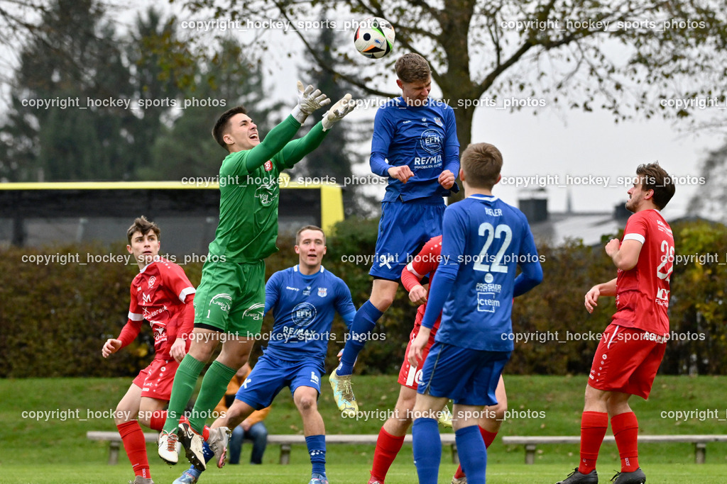 SV Rothenthurn vs. Union Matrei | #1 Alexander Machorka SV Rothenthurn, #27 Hannes Wibmer Matrei, #28 Michael Berger Matrei, #22 Thomas Riepler Matrei, #22 Lucas Ott SV Rothenthurn, #15 Julian Katholnig SV Rothenthurn, SV Rothenthurn vs. Union Matrei, SV Rothenthurn vs. Union Matrei am 09.11.2024 in Rothenthurn (Sportplatz Rothenthurn), Austria, (Photo by Bernd Stefan)
