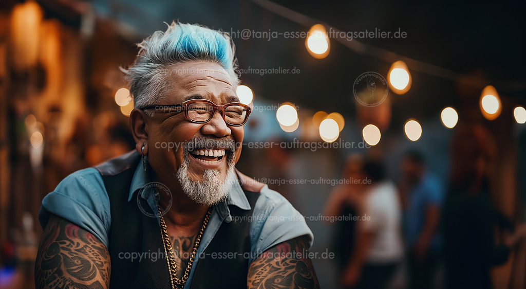 70 jaehriger taetowierter afroamerikanischer Mann auf Party D | Fotorealistisches KI Bild zeigt einen muskulösen 70 jährigen afroamerikanischen Mann mit Tattoos. Er lacht voller Freude auf einer Party. Hintergrund zeigt unscharfe Gäste und Bokeh. Copy Space.