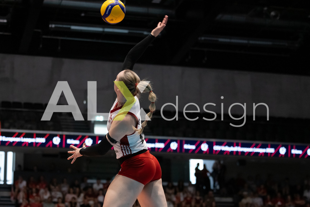 Austria v Switzerland - CEV European League Women | KRIENS, SWITZERLAND - JUNE 14: KORA MARINA SCHABERL of Austria attack / spike during the CEV European League match between Austria and Switzerland at Pilatus Arena on June 14, 2026 in Kriens, Switzerland. - Realisiert mit Pictrs.com