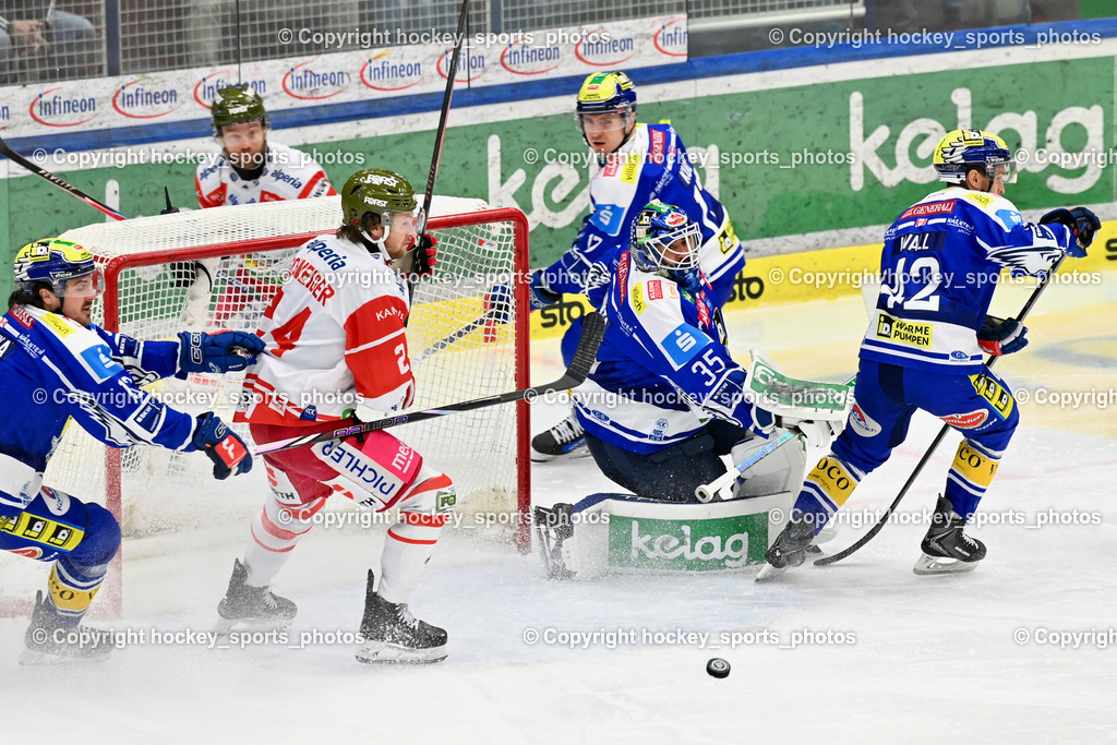 EC IDM WÄRMEPUMPEN VSV vs. HCB Südtirol Alperia | #13 Adam Helewka EC VSV, #24 Cole Schneider HCB Südtirol Alperia, #35 Joe Cannata EC VSV, #42 Alex Wall EC VSV, #17 Arturs Kulda EC VSV, EC IDM WÄRMEPUMPEN VSV vs. HCB Südtirol Alperia, EC IDM WÄRMEPUMPEN VSV vs. HCB Südtirol Alperia am 28.12.2025 in Villach (Stadthalle Villach), Austria, (Photo by Bernd Stefan)