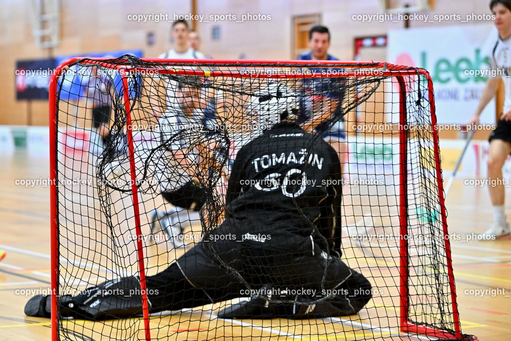 FBK Loka vs. VSV Unihockey | Tor VSV Unihockey, #80 Blaz Tomazin FBK Loka, FBK Loka vs. VSV Unihockey, FBK Loka vs. VSV Unihockey am 23.03.2025 in Villach (Ballspielhalle St. Martin), Austria, (Photo by Bernd Stefan)