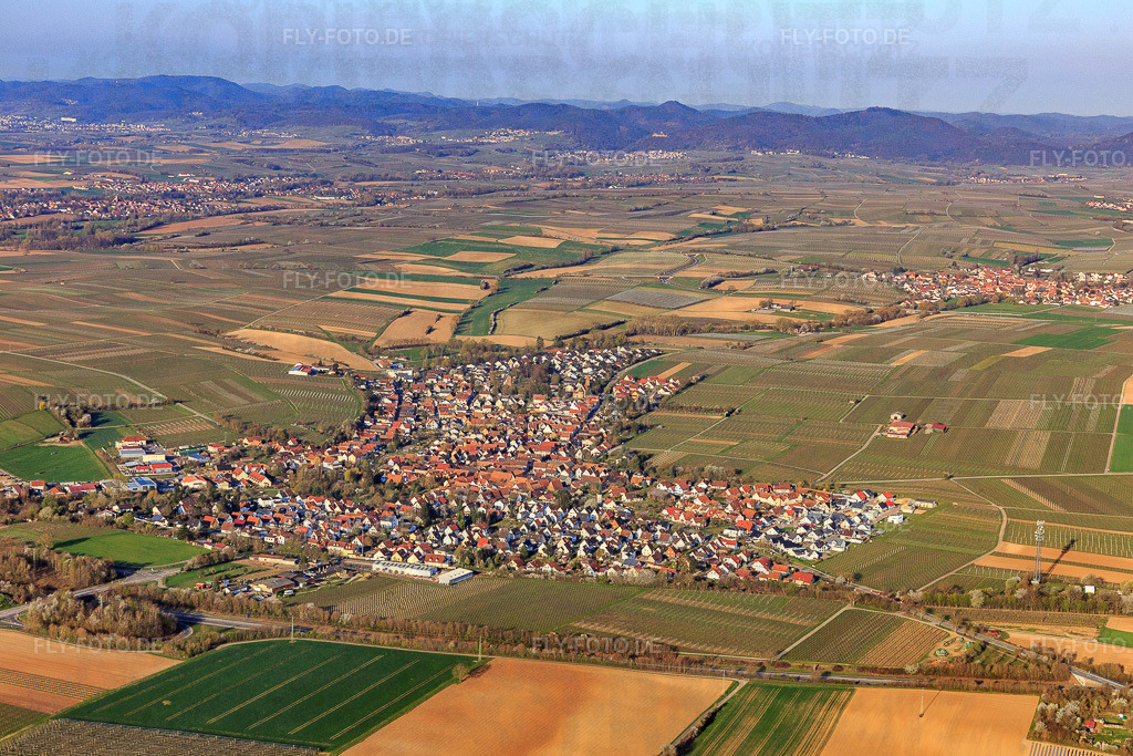 Ortsansicht aus Osten jenseits der A65 | Luftbild: Ortsansicht aus Osten jenseits der A65 in Insheim im Bundesland Rheinland-Pfalz in Deutschland. Foto: IMG_126401.jpg vom 04.04.2021 durch Werner Riehm/FLY-FOTO.de - Realisiert mit Pictrs.com
