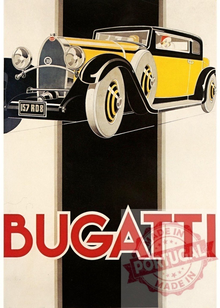 Bugatti vintage car Art Deco advertisement illustration | Bugatti advertisement showing luxury car and typography in Art Deco style - Realisiert mit Pictrs.com