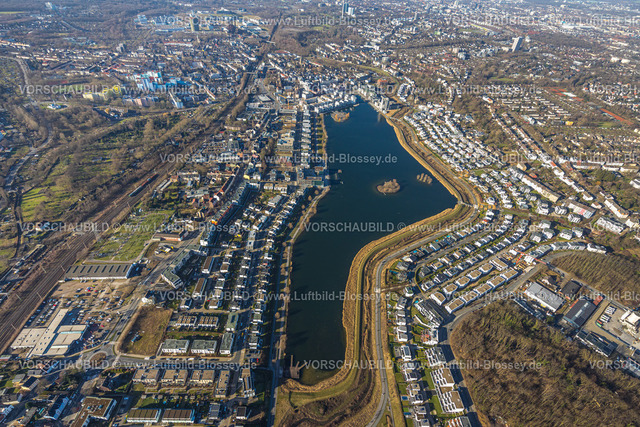 Dortmund240101396 | Luftbild, Einfamilienhäuser rund um den Phoenix See, Emscher, Emscherverlauf, Hörde, Dortmund, Ruhrgebiet, Nordrhein-Westfalen, Deutschland