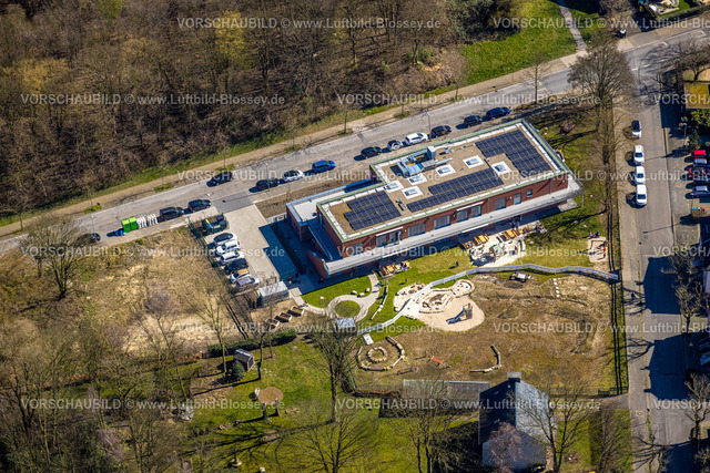 Herne250301814 | Luftbild, Baustelle und Neubau für Kita Kindergarten mit Solardach, Franzstraße Ecke Am Freibad, Wanne, Herne, Ruhrgebiet, Nordrhein-Westfalen, Deutschland