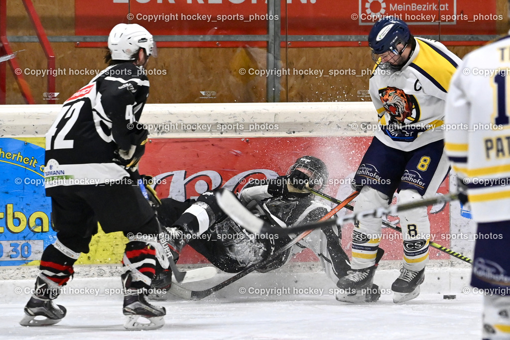 EC Tigers Paternion vs. Tarco Wölfe II | #86 Velik Friedrich Konstantin Tarco Wölfe II, Flugeinlage, #42 Miklauc Felix Tarco Wölfe II, #8 Ortner Sandro EC Tigers Paternion, EC Tigers Paternion vs. Tarco Wölfe II, EC Tigers Paternion vs. Tarco Wölfe II am 19.12.2024 in Spittal an der Drau (Eissportzentrum Spittal), Austria, (Photo by Bernd Stefan)