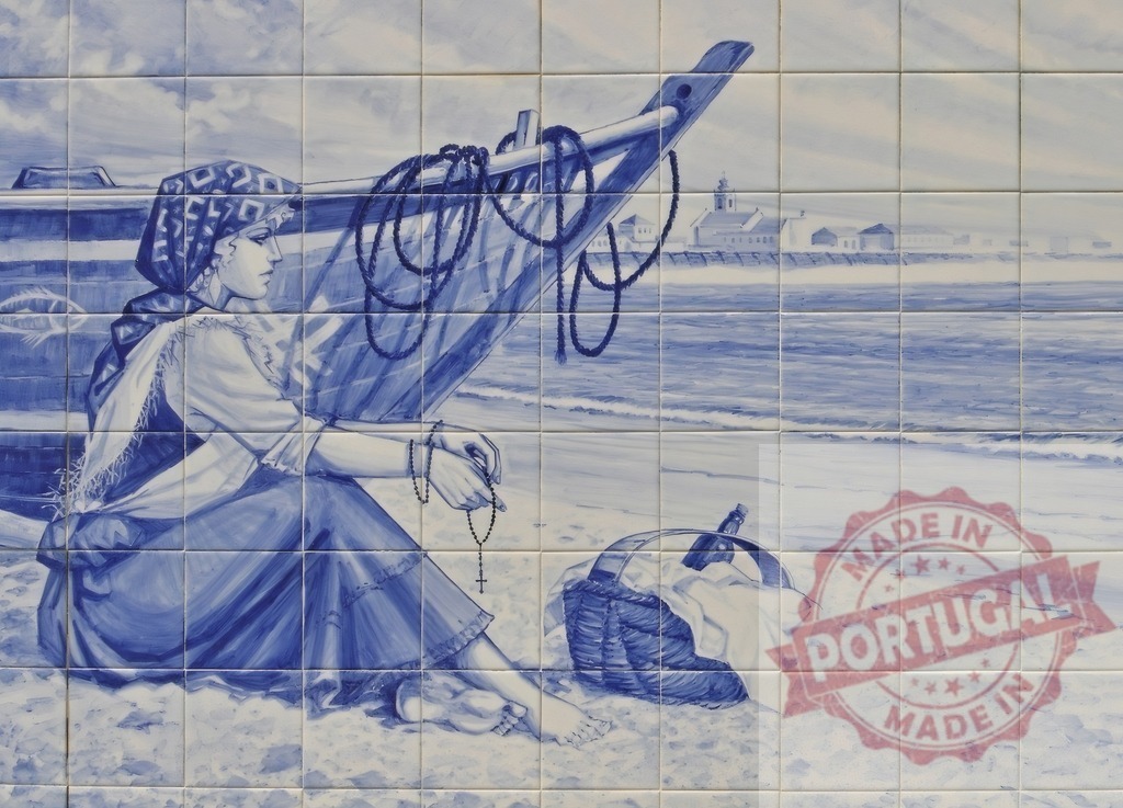 Portuguese azulejo depicting fisherwoman waiting for boat at sea | Traditional azulejo artwork showing a woman with a rosary hoping for a boat's return - Realized with Pictrs.com