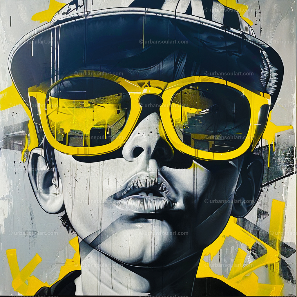 Boy With Yellow Sunglasses And Baseball Hat | A bold urban portrait of a young boy wearing oversized yellow sunglasses and a baseball hat. This canvas brings a modern, edgy vibe to any contemporary space. - Realisiert mit Pictrs.com
