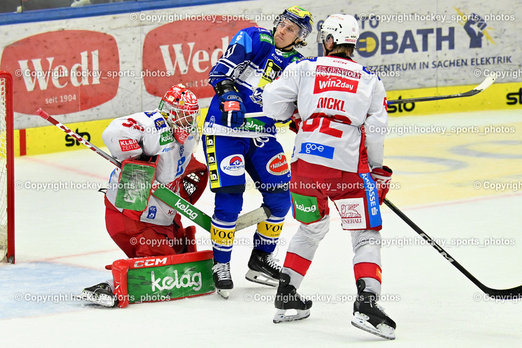 EC IDM Wärmepumpen VSV vs. EC KAC  | #32 Dahm Sebastian EC KAC, #81 RICHTER Marco EC VSV, #82 Nickl Thimo EC KAC, EC IDM Wärmepumpen VSV vs. EC KAC , EC IDM Wärmepumpen VSV vs. EC KAC  am 27.10.2024 in Villach (Stadthalle Villach), Austria, (Photo by Bernd Stefan)