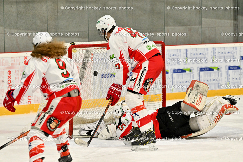ESV FERLACH vs. ESC SOCCERZONE STEINDORF | #9 Steiner Markus ESV Ferlach, #47 Florian Martin ESV Ferlach, #35 Arneitz Christian ESV Ferlach, Tor ESC Steindorf, ESV FERLACH vs. ESC SOCCERZONE STEINDORF, ESV FERLACH vs. ESC SOCCERZONE STEINDORF am 22.11.2024 in Ferlach (Eishalle Ferlach ), Austria, (Photo by Bernd Stefan)