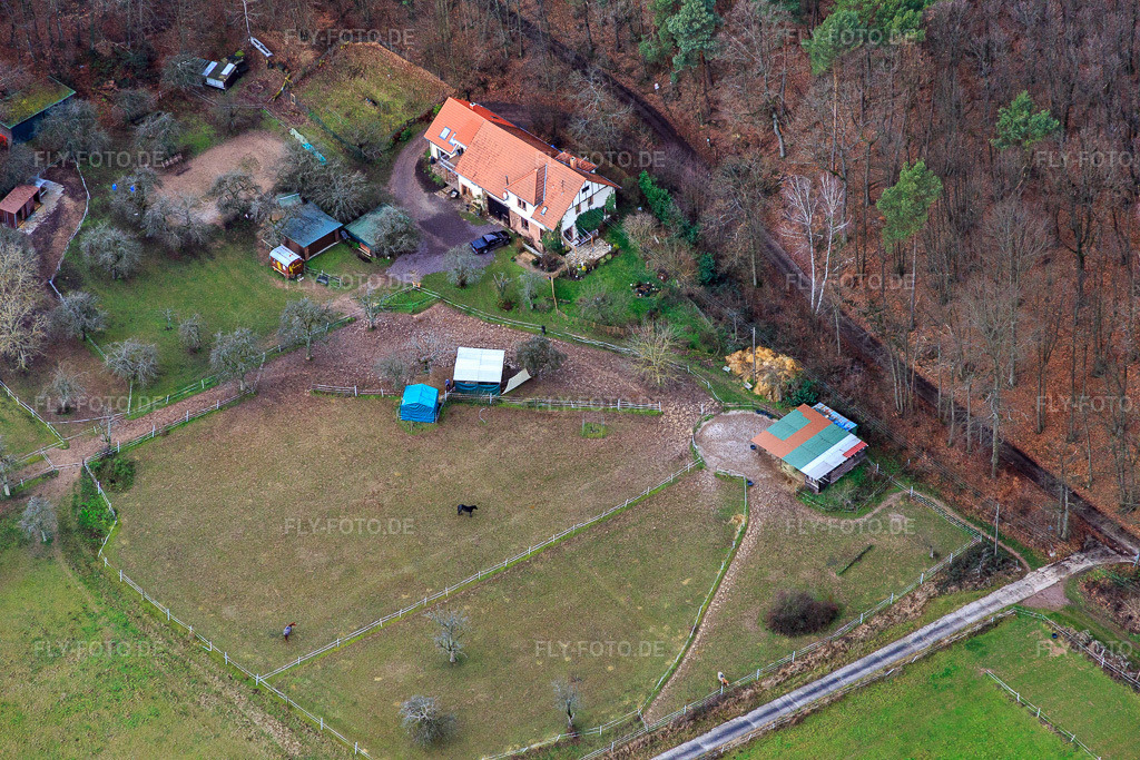 Luftbild: Ferienwohnung Saigenranch in Pleisweiler-Oberhofen im Bundesland Rheinland-Pfalz in Deutschland. Foto: IMG_085704.jpg vom 08.01.2016 durch Werner Riehm/FLY-FOTO.deReiturlaub - Saigenranch Reitferien und Wanderreiten in der Pfalzen