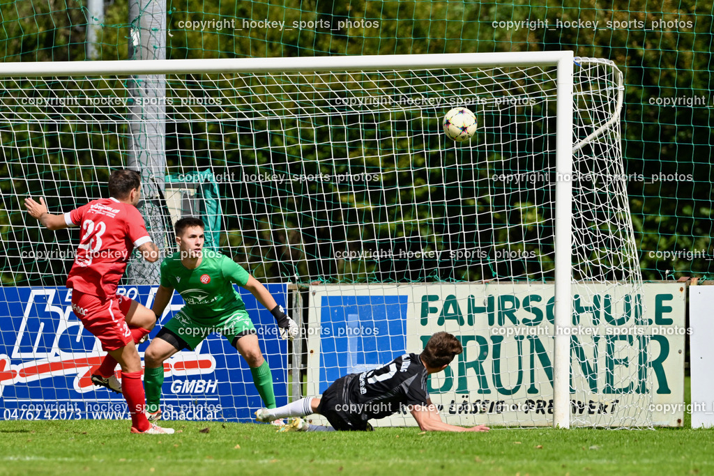 SV Rothentuhurn vs. URC Thal Assling | #23 Marco Moser SV Rothenthurn, #1 Alexander Machorka SV Rothenthurn, #27 Dominik Klaus Kofler URC Thal Assling, SV Rothentuhurn vs. URC Thal Assling, SV Rothentuhurn vs. URC Thal Assling am 15.09.2024 in Rothenthurn (Sportplatz Rothenthurn), Austria, (Photo by Bernd Stefan)