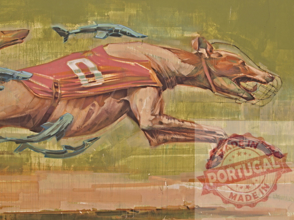 Racing greyhound with muzzle chasing mechanical robotic fish lures on a track | Vintage painting of a racing greyhound wearing a muzzle and chasing mechanical robotic fish lures on a track - Realisiert mit Pictrs.com