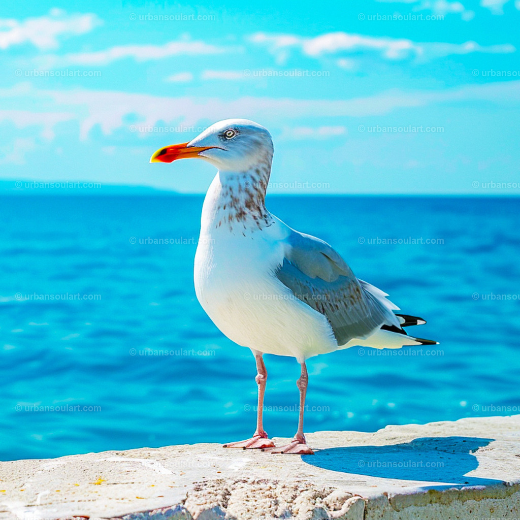 Seagull At The Ocean Promenade | This vibrant image of a seagull perched at the ocean’s edge captures the freedom and serenity of coastal life. Ideal for beach lovers, this piece brings a touch of the sea’s refreshing charm to any room. - Realisiert mit Pictrs.com