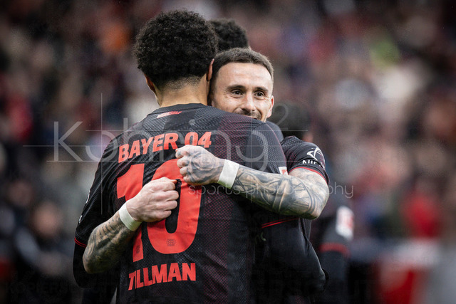 German Bundesliga, Bayer 04 Leverkusen vs. FC Bayern München, 14.03.2026 | LEVERKUSEN, GERMANY - MARCH 14:  Aleix Garcia (Bayer 04 Leverkusen, 24)celebrates scoring his team's first goal during the German Bundesliga match on gameday 26 between Bayer 04 Leverkusen vs. FC Bayern München at BayArena on March 14, 2026 in Leverkusen, Germany. DFL REGULATIONS PROHIBIT ANY USE OF PHOTOGRAPHS AS IMAGE SEQUENCES AND/OR QUASI-VIDEO.