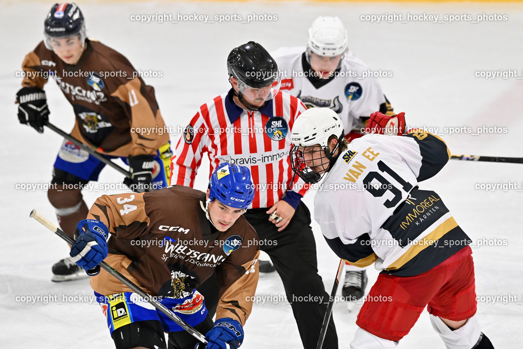 Sunshine Hockey League Spieltag 4. | Wucherer Gerald Referee, #34 Dominik Prodinger Hyänen Hockey, #91 Luc Van Ee Golden Bulls, Sunshine Hockey League Spieltag 4., Sunshine Hockey League Spieltag 4. am 27.06.2025 in Ferlach (Eishalle Ferlach ), Austria, (Photo by Bernd Stefan)